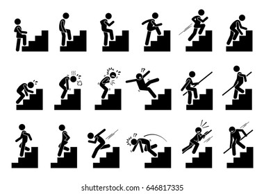 Man with Staircase or Stairs Pictogram. Cliparts depict various actions of a person with stairs. 