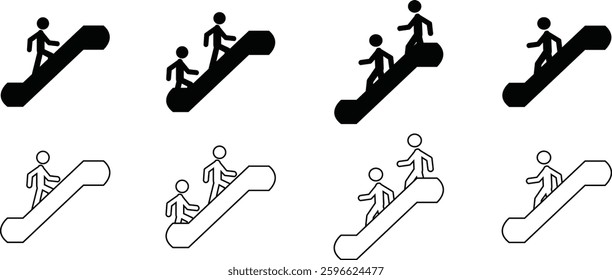 Man with Staircase or Stairs Pictogram vector. Cliparts depict various actions of a person with stairs. Man walks up and down the stairs, stick figure pictograms people, human silhouette icon set.