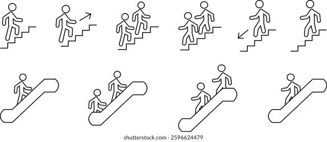 Man with Staircase or Stairs Pictogram vector. Cliparts depict various actions of a person with stairs. Man walks up and down the stairs, stick figure pictograms people, human silhouette icon set.