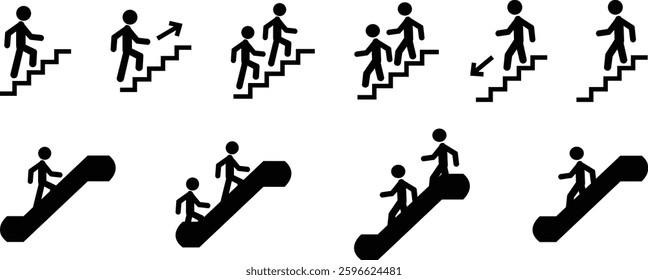 Man with Staircase or Stairs Pictogram vector. Cliparts depict various actions of a person with stairs. Man walks up and down the stairs, stick figure pictograms people, human silhouette icon set.