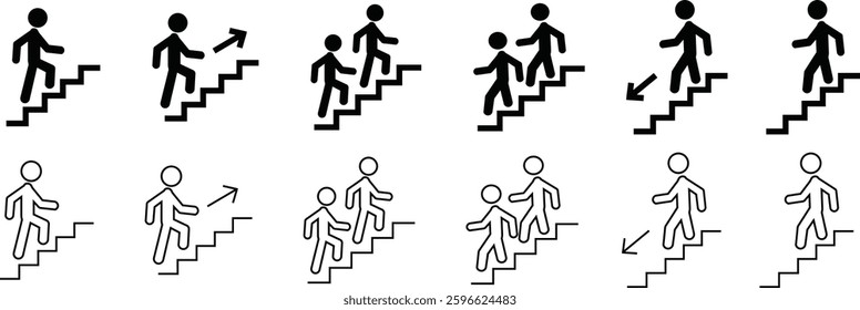 Man with Staircase or Stairs Pictogram vector. Cliparts depict various actions of a person with stairs. Man walks up and down the stairs, stick figure pictograms people, human silhouette icon set.