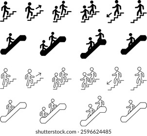 Man with Staircase or Stairs Pictogram vector. Cliparts depict various actions of a person with stairs. Man walks up and down the stairs, stick figure pictograms people, human silhouette icon set.