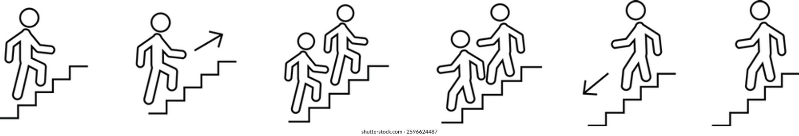 Man with Staircase or Stairs Pictogram vector. Cliparts depict various actions of a person with stairs. Man walks up and down the stairs, stick figure pictograms people, human silhouette icon set.