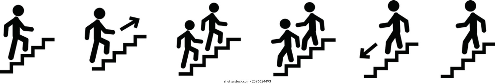 Man with Staircase or Stairs Pictogram vector. Cliparts depict various actions of a person with stairs. Man walks up and down the stairs, stick figure pictograms people, human silhouette icon set.