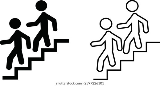 Man with Staircase or Stairs Pictogram vector. Cliparts depict various actions of a person with stairs. Man walks down the stairs, stick figure pictograms people, human silhouette icon set.