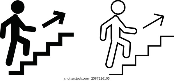 Man with Staircase or Stairs Pictogram vector. Cliparts depict various actions of a person with stairs. Man walks up the stairs, stick figure pictograms people, human silhouette icon set.