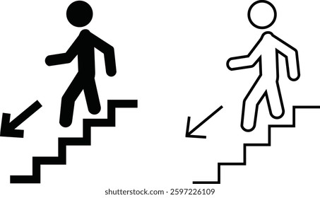 Man with Staircase or Stairs Pictogram vector. Cliparts depict various actions of a person with stairs. Man walks down the stairs, stick figure pictograms people, human silhouette icon set.