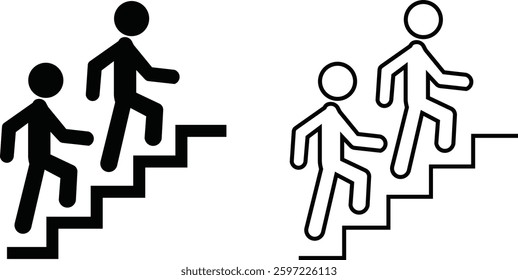 Man with Staircase or Stairs Pictogram vector. Cliparts depict various actions of a person with stairs. Man walks up the stairs, stick figure pictograms people, human silhouette icon set.