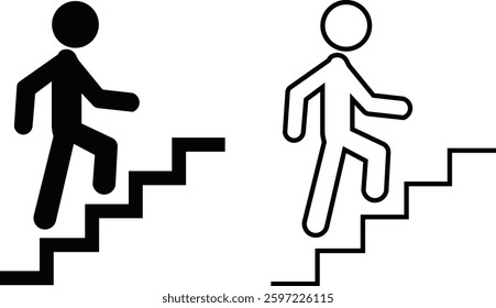 Man with Staircase or Stairs Pictogram vector. Cliparts depict various actions of a person with stairs. Man walks up the stairs, stick figure pictograms people, human silhouette icon set.