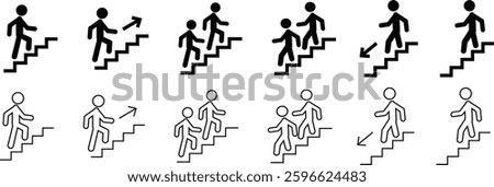 Man with Staircase or Stairs Pictogram vector. Cliparts depict various actions of a person with stairs. Man walks up and down the stairs, stick figure pictograms people, human silhouette icon set.
