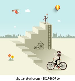Man Up the Stairs with Flag, One with Bicycle and Helicopter on Sky. Abstract VEctor Flat Design City Scene.