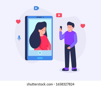 man stalking social media girl for love on smartphone concept