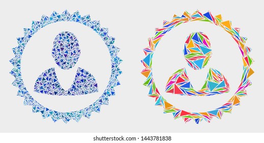 Man stamp mosaic icon of triangle elements which have variable sizes and shapes and colors. Geometric abstract vector design concept of man stamp.