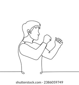 man in a stance with fists ready for defense or attack - one line art vector. concept fighting qualities, sports wrestling, strength