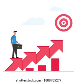 Man stand above up arrows to the target metaphor of work on process.