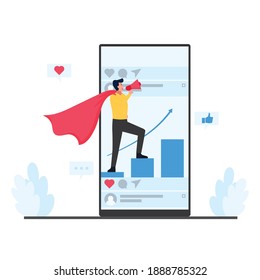 Der Mensch steht über Diagramm halten Megaphon-Metapher des mobilen Marketing.