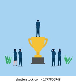 Man stand above the trophy while other see metaphor of success and appreciation. Business flat vector concept illustration.