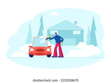 Man Stand at Auto Parked near of Cottage Cleaning Car Window with Spade from Ice and Snow at Winter Time after Night Blizzard. Driver Care of Automobile at House Yard. Cartoon Flat Vector Illustration