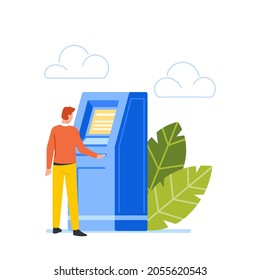 Man Stand at Automated Teller Machine Insert Credit Card in Slot, Character Want to Draw Money from Atm, Businessman Visiting Bank for Transaction Money Service or Banking. Cartoon Vector Illustration