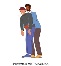 Man Stand Behind Conscious Victim Male Character With Hands In The Proper Position On Victim Abdomen To Perform Heimlich Maneuver Isolated On White Background. Cartoon People Vector Illustration