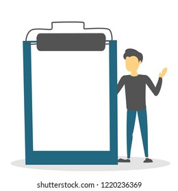 Man stand at big checklist on clipboard concept. Business note on list. Vector businessman with form.
