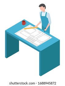 Man stand by table with paper plan. Person work on mockup of mobile application or machinery. Architect or designer working on factory. Vector illustration of product development and design in flat