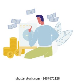 Man Stand at Flip Chart, Counting Golden Coin Piles and Dollar Banknotes Flying around. Character Conducting, Analyzing Budget Plan and Statistic, Saving Money, Wealth Cartoon Flat Vector Illustration