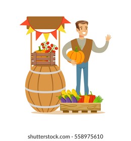 Man With Stand Of Fresh Vegetables, Farmer Working At The Farm And Selling On Natural Organic Product Market