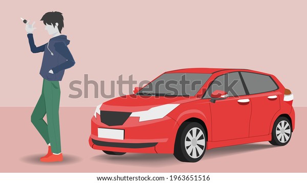 Man stand front car and\
show the car keys that are wielding in hand Luxury car red color in\
showroom.