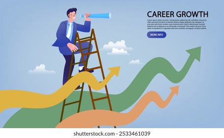 Man stand and look in binocular searching job. Business decision making, career path, work direction or choose the right way to success. search right way to go. Career or personal growth or choice.