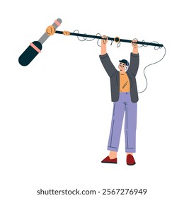 Man Stand with Microphone Equipment at Shooting Film Movie Production Scene Vector Illustration