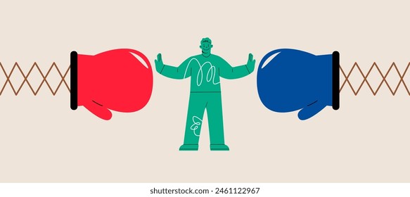 Hombre pararse en el medio para detener el conflicto. Concepto de gestión de conflictos. Ilustración vectorial colorida
