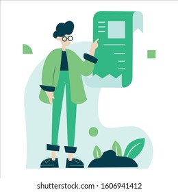 Man stand near a big document. To-do list, daily planning, strategy, tasks. Poster for social media, web page, banner, presentation stock illustration.