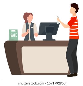 Man stand near checkout table with receipt. Woman working in market as cashier and assistant. Guy buy products and seller charge payment. Sale in store, caption on label. Vector illustration in flat
