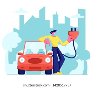 Man Stand near Electrocar Hold Plug in Hands. Eco Transport in City, Ecology Protection, Electro Car, Green Technology, Organic, Healthy Lifestyle, Alternative Energy. Cartoon Flat Vector Illustration