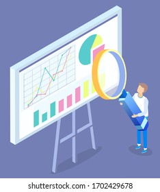Man stand near statistics chart on board and look on it through magnifying glass. Data graph with diagrams and company information. Guy holding big hand lens. Vector illustration in flat style