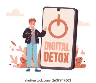 Man stand near turn off smartphone with digital detox message. Cartoon character disconnecting and spending time without gadget. Day free of devices. Internet and phone addiction. Vector illustration.