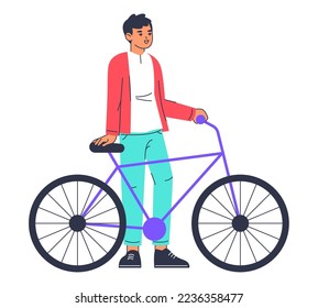 Man stand next to bicycle. Male bike owner, young cyclist with bicycle flat vector illustration on white background