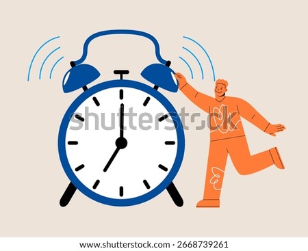 Man stand next to big clock. Time management concept. Colorful vector illustration
