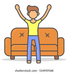 Man stand next to the couch in room flat style. Vector character near sofa line illustration.