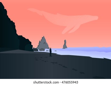 a man stand on the beach. rock, black sand, sea, sunset, whale.