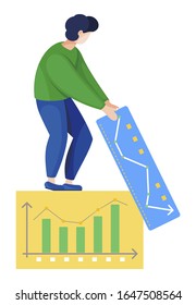 Man stand on board with graphic and carry another one. Analytics and statistics graphs and diagrams for presentation. Person with data charts isolated. Vector illustration of working process in flat