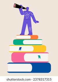 Man stand on the books and holding telescope. Knowledge and vision for success concept. Colorful vector illustration
