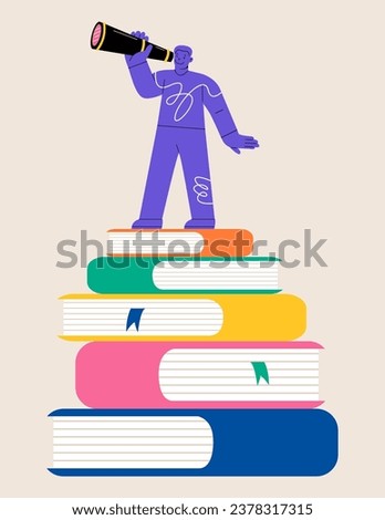 Man stand on the books and holding telescope. Knowledge and vision for success concept. Colorful vector illustration
