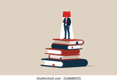 Man stand on books staking turn on light bulb on his head. Knowledge is power, education or wisdom help solving problem, creativity, intelligence and innovation to develop solution. 