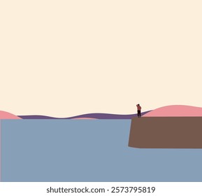 Man stand on edge of cliff looking at sea. Nature landscape view. Holiday vacation lifestyle. Relax and calm.