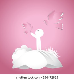 a man stand on the ground with birds flying around, concept of love and valentine day,  paper art style.