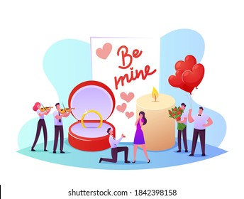 Man Stand on Knee Holding Ring in Box Making Romantic Proposal to Woman Asking her Marry him. Love, Engagement and Marriage Concept. Characters in Loving Relations. Cartoon People Vector Illustration