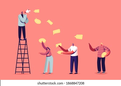 Man Stand on Ladder Shouting to Megaphone or Loudspeaker with Characters Catching Speech Bubbles. Public Relations, Affairs Concept. Alert Advertising Campaign, Pr. Cartoon People Vector Illustration