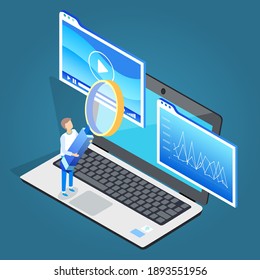 Man stand on laptop with magnifying glass. Play multimedia on electronic device. Guy hold big hand lens to watch closer statistics graphs on computer display. Vector illustration in flat style